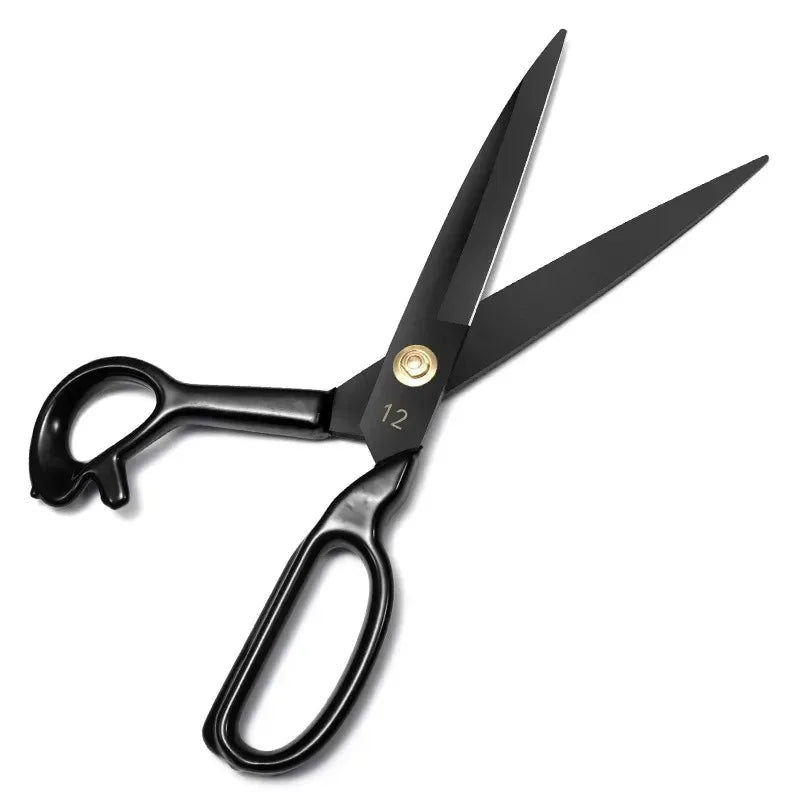 A pair of black professional heavy-duty fabric shears for tailoring and leatherwork.