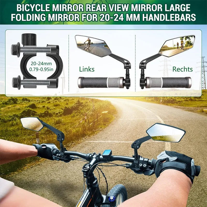 A bicycle handlebar mirror with a folding design shown mounted on the handlebars.