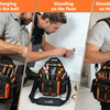 Men are shown hanging and standing with a heavy-duty tool pouch on their belt or on the floor.