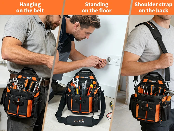 Men are shown hanging and standing with a heavy-duty tool pouch on their belt or on the floor.