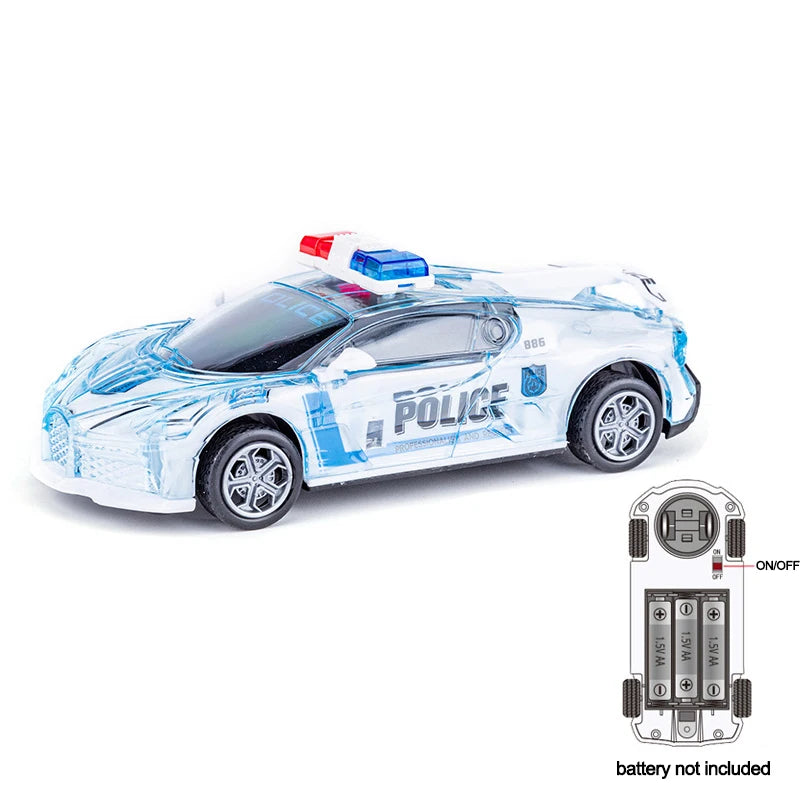 A white police car toy with blue lights and sounds, shown from the side.