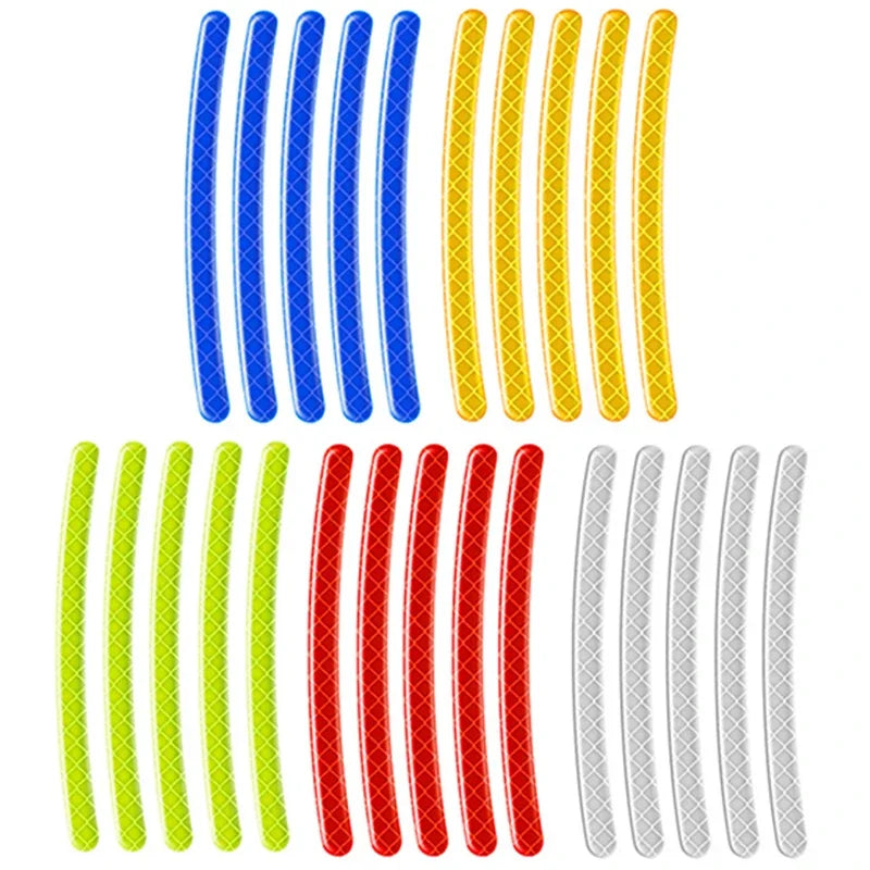 A collection of reflective wheel rim strips in blue, yellow, and red colors.