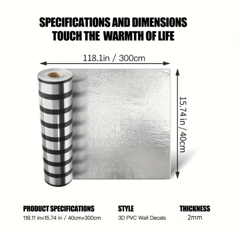 Roll of silver embossed 3D PVC wall decals measuring 118.1 inches by 40 cm