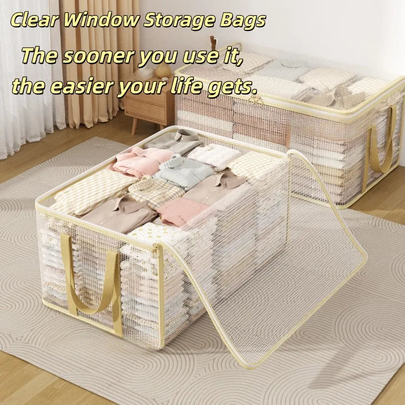Clear mesh storage bags for clothes and bedding displayed on a floor.