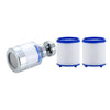 Stainless steel faucet water filter purifier with a rotating splash head and white filter cartridges.