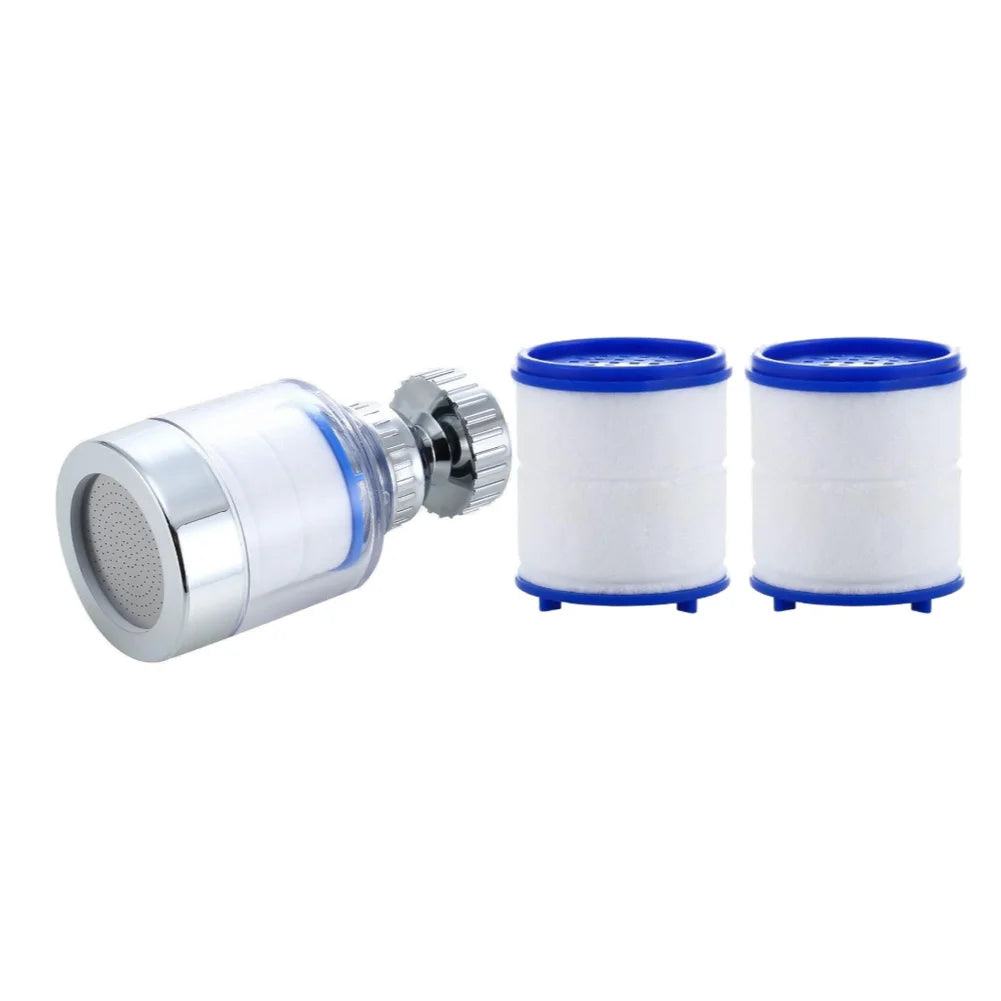 Stainless steel faucet water filter purifier with a rotating splash head and white filter cartridges.