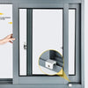 Close-up of an aluminum alloy sliding window lock mechanism with a hex key security stopper installed in a gray frame.