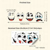 Finished and received sizes of a funny toilet lid sticker with expressive face, showing dimensions in centimeters and inches.