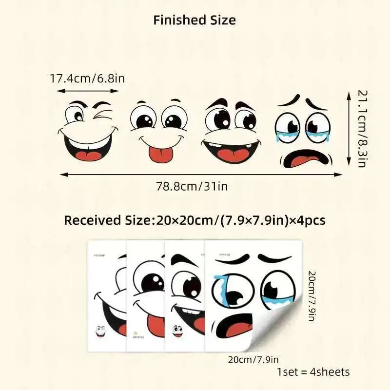 Finished and received sizes of a funny toilet lid sticker with expressive face, showing dimensions in centimeters and inches.