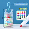 A clear container of washable art markers with a tapered pen head and 18 colors, shown next to a white marker.