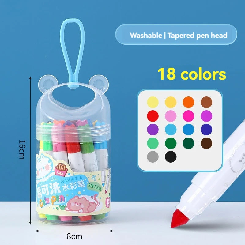 A clear container of washable art markers with a tapered pen head and 18 colors, shown next to a white marker.