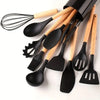 Ensemble de 12 Ustensiles de Cuisine en Silicone avec Manches en Bois