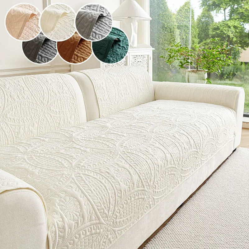 A cream anti-slip sofa cover is displayed with swatches of various neutral and earthy tones.