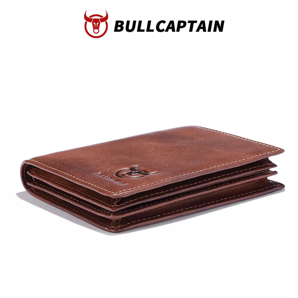 A brown genuine leather men's bi-fold wallet with a logo, shown flat.