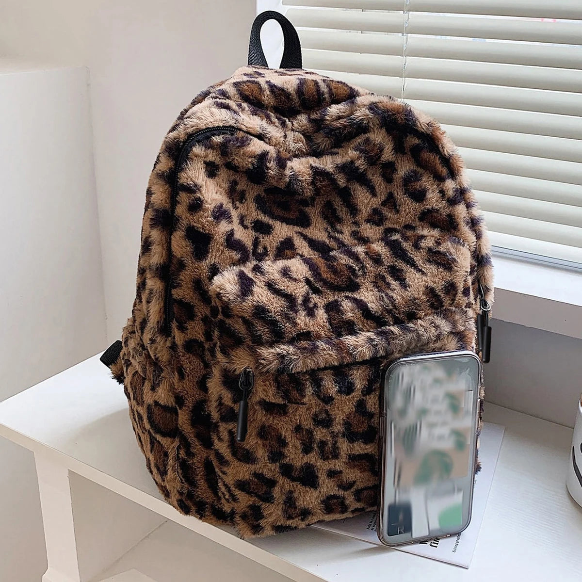 Faux Fur Leopard Print Backpack with Multiple Pockets