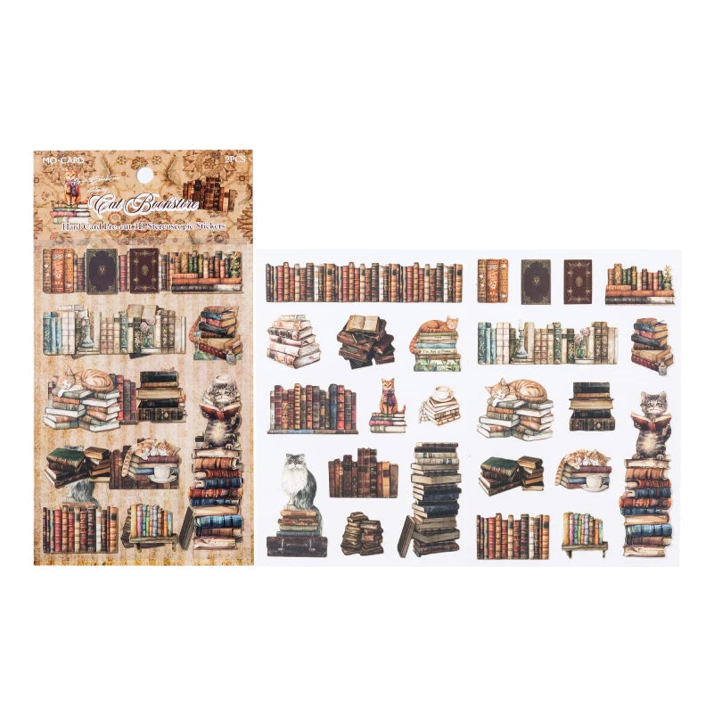 A sheet of die-cut stickers featuring various 3D relief illustrations of old books and literary themes.