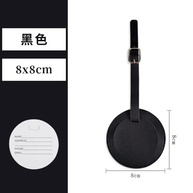 Black PU leather luggage tag with a black strap and round design.