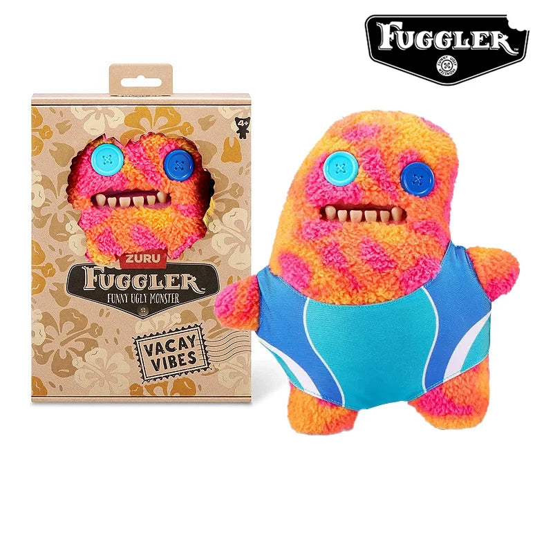 A bright orange and pink Fuggler Ugly Monster plush toy with funny teeth wearing a blue vest.
