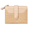 A beige PU leather wallet with a flap closure and double-zip, featuring a crocodile texture.
