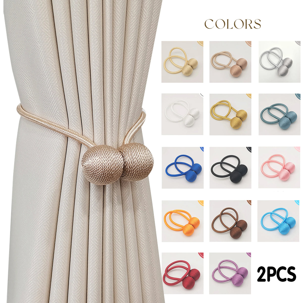 Un ensemble de tire-curtains magnétiques minimalistes en balles, dans diverses couleurs comme or, argent, bleu et orange.