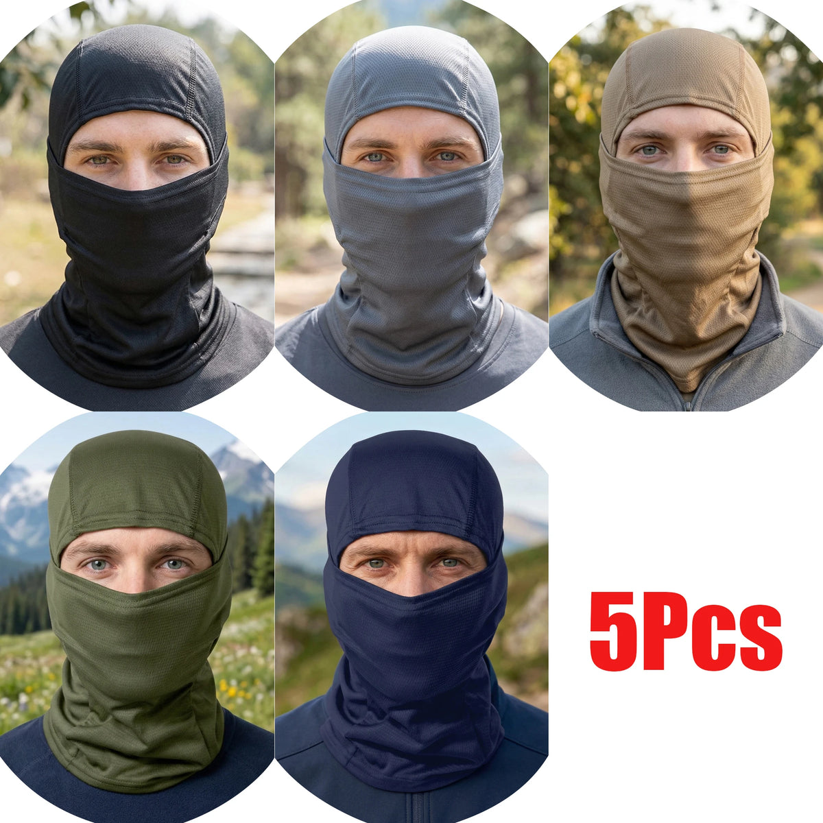 Five breathable balaclava caps in black, gray, and olive green shown on models.