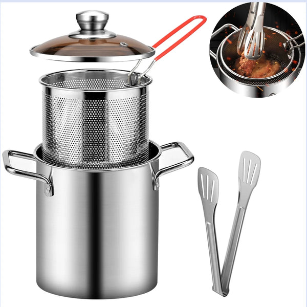 Deep Fryer Pot, 3.2 Qt, Stainless Steel with Basket and Glass Lid