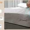 A hand is shown gripping a corner of a gray bed sheet, demonstrating an unbreakable grip for secure holding.