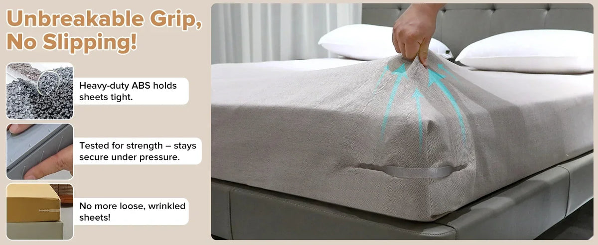 A hand is shown gripping a corner of a gray bed sheet, demonstrating an unbreakable grip for secure holding.