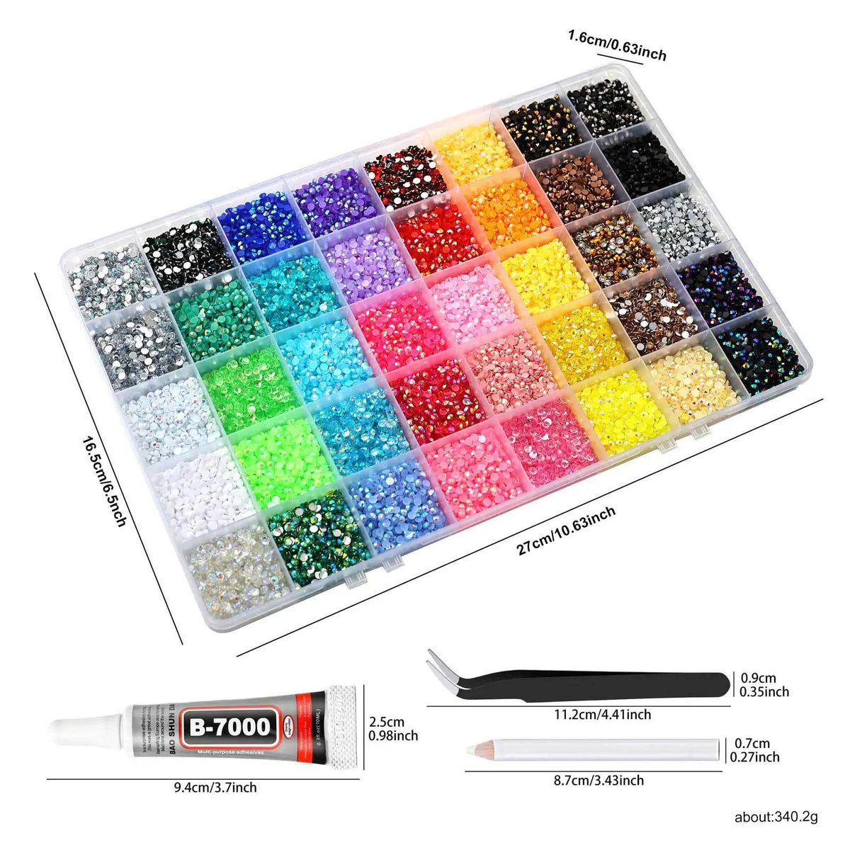 A rectangular tray filled with various mixed color acrylic rhinestone flatbacks for craft decoration.