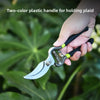 A hand holds a two-color plastic handle for an 8-inch bypass pruning shears with an anti-slip grip.