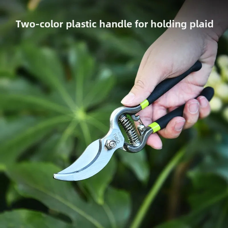 A hand holds a two-color plastic handle for an 8-inch bypass pruning shears with an anti-slip grip.