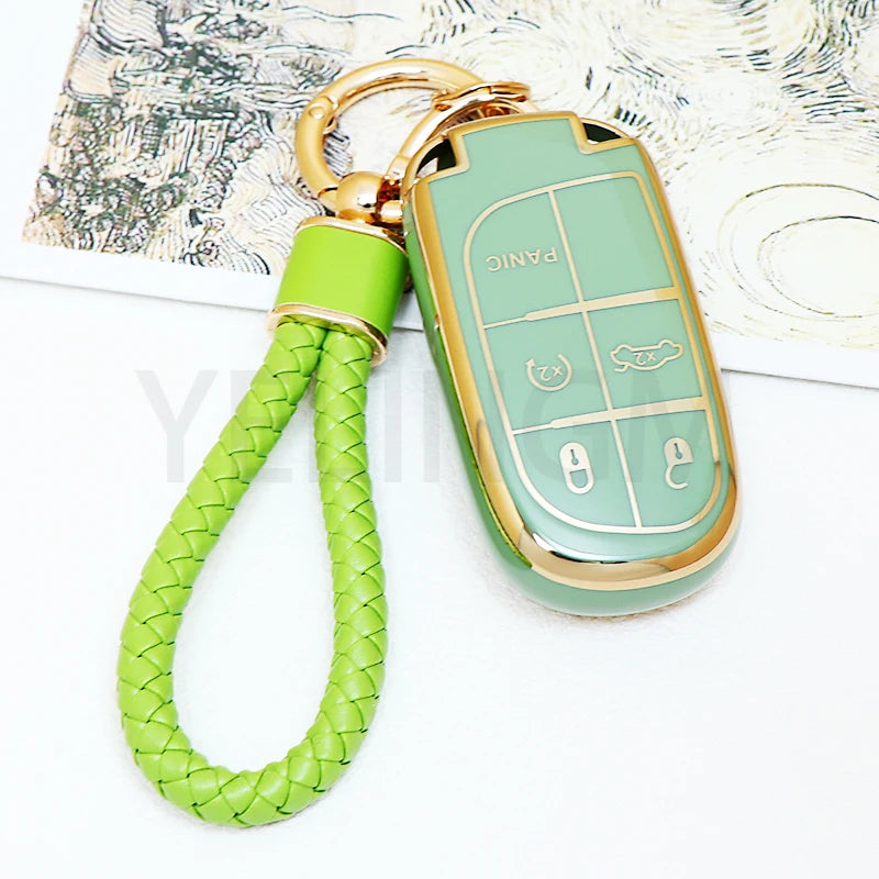 A lime green TPU car key fob cover attached to a braided cord, resting on a white surface.