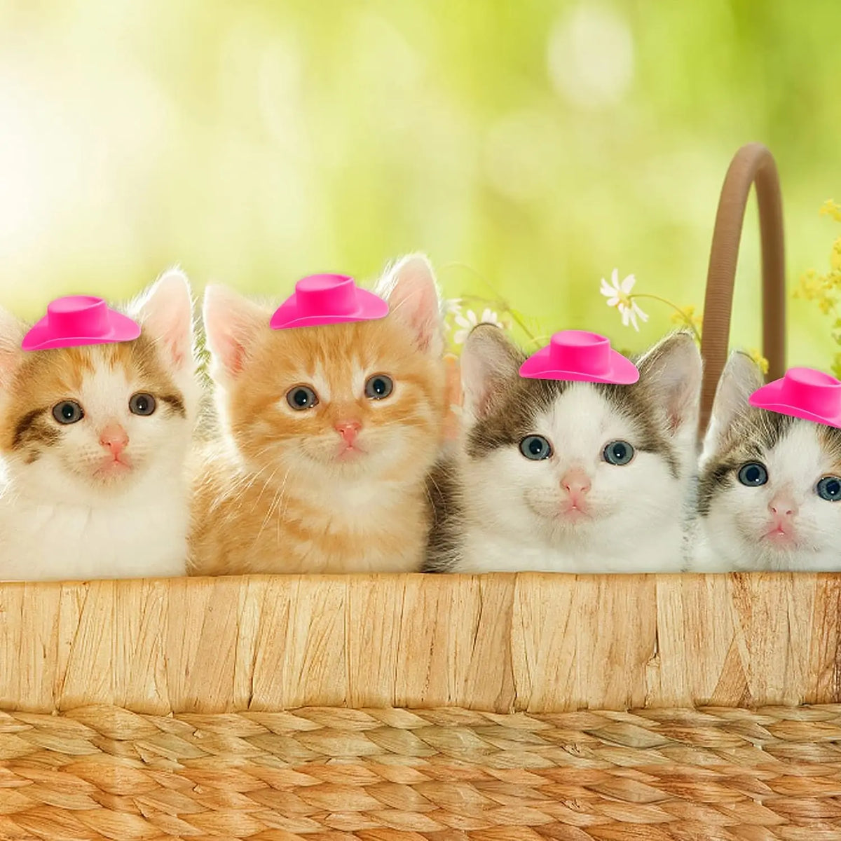 Five adorable orange and white kittens wearing miniature pink cowboy hats