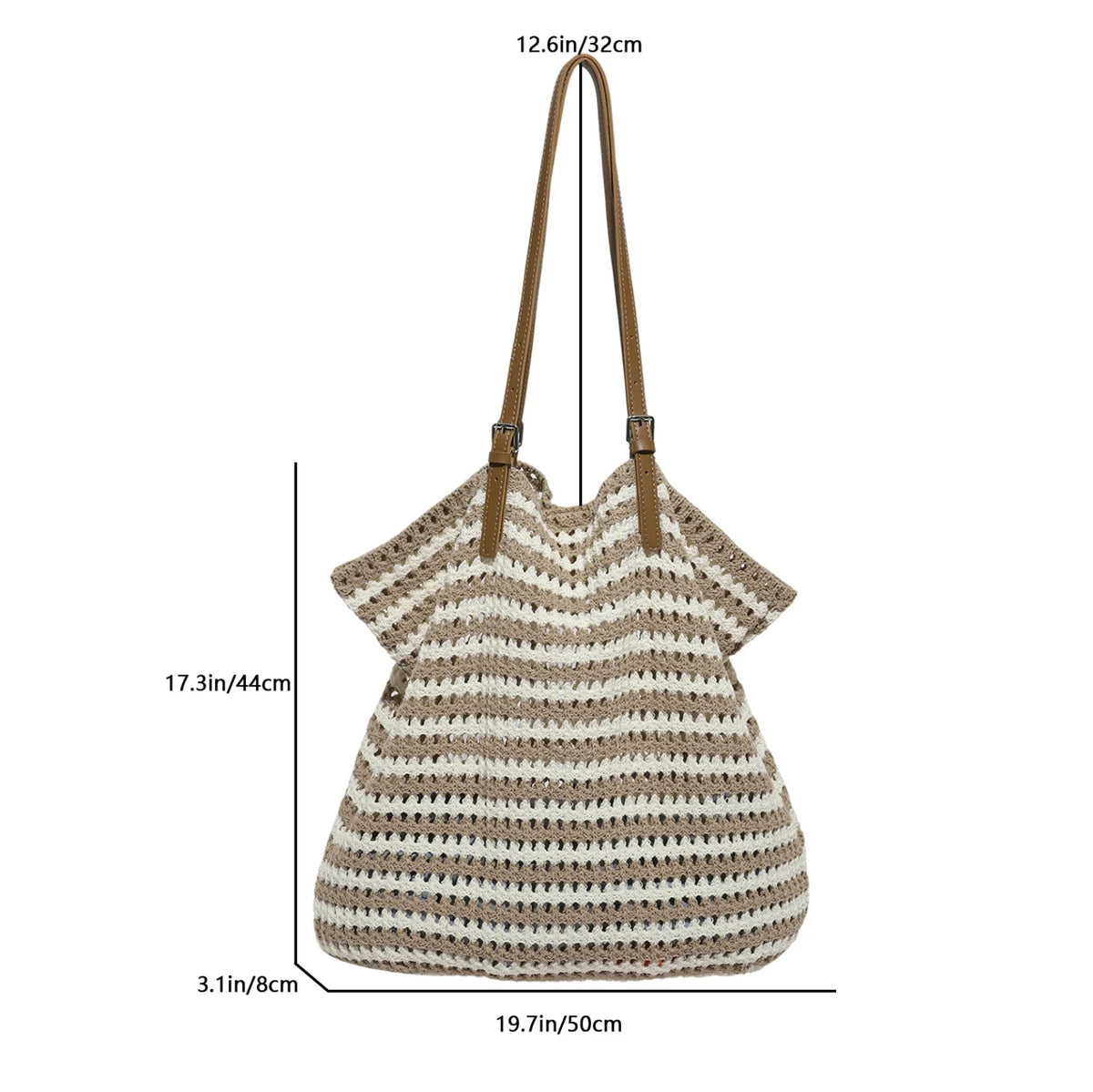 A beige hand-knitted cotton tote bag with a striped pattern and long handles.