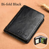A black bi-fold leather card holder wallet shown on a brown surface.