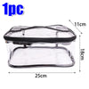 Clear transparent storage bag with a zipper for various items, shown from the top and side.