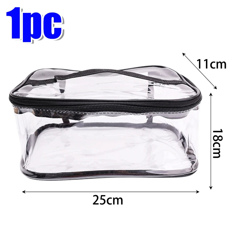 Clear transparent storage bag with a zipper for various items, shown from the top and side.