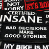 A collection of black text embroidery patches featuring phrases like NOT SORRY INSANE BAD DECISIONS MAKE GOOD STORIES and MY 