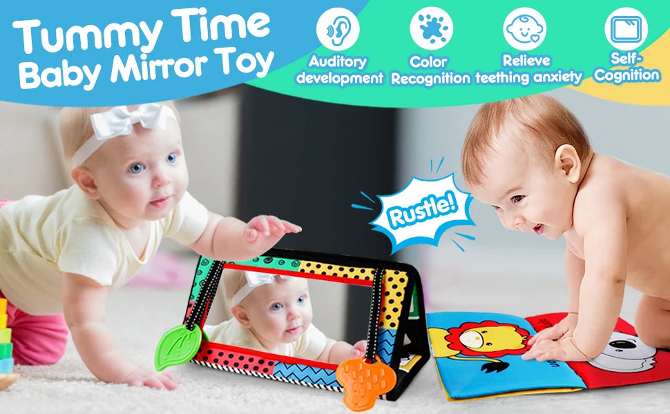 A baby is interacting with a high-contrast crinkle cloth book and tummy time mirror toy.