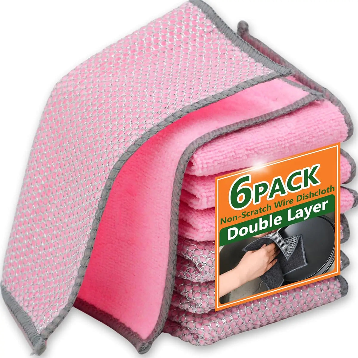 A pack of six pink non-scratch wire dishcloths with a double layer of microfiber and mesh.