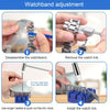 Instructions for watchband adjustment showing steps to disassemble, remove link, and install a watch link.