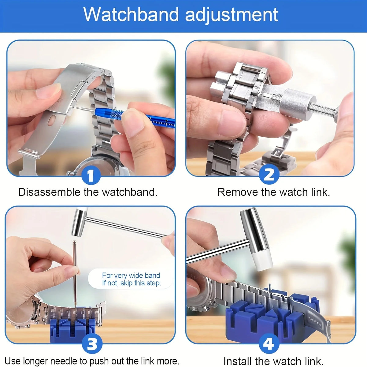 Instructions for watchband adjustment showing steps to disassemble, remove link, and install a watch link.