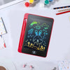 A red 6.5-inch LCD writing tablet for kids displaying a drawing of a rabbit and some letters on a white surface.