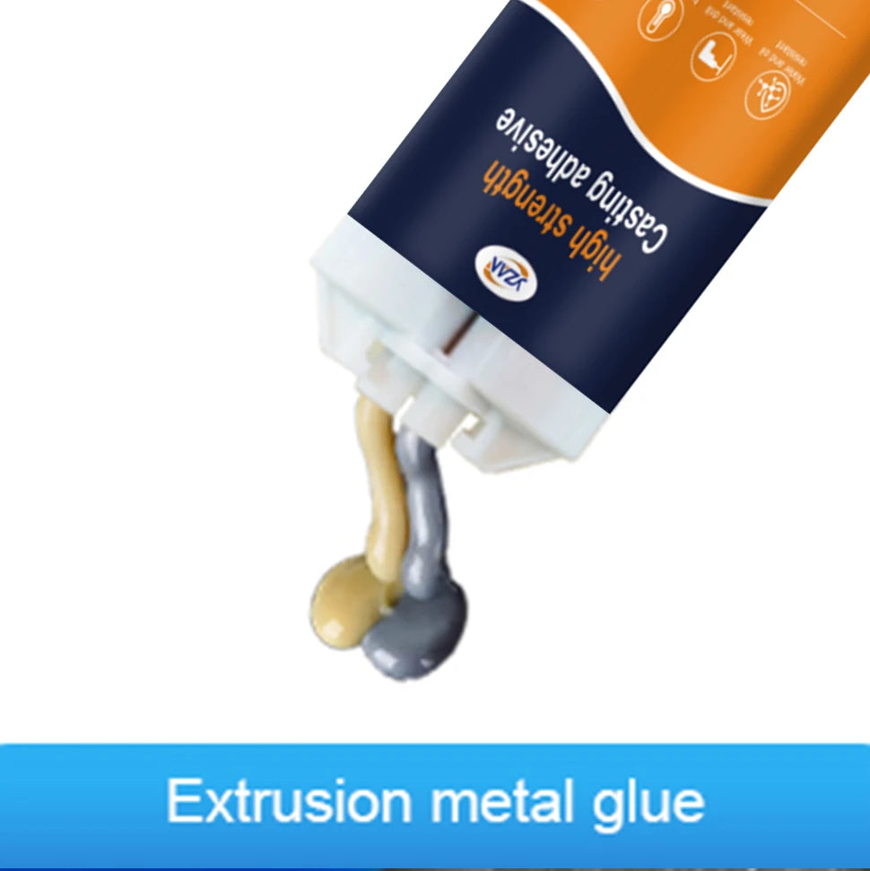 Tube of high strength epoxy casting adhesive with two colored glue sticks being extruded