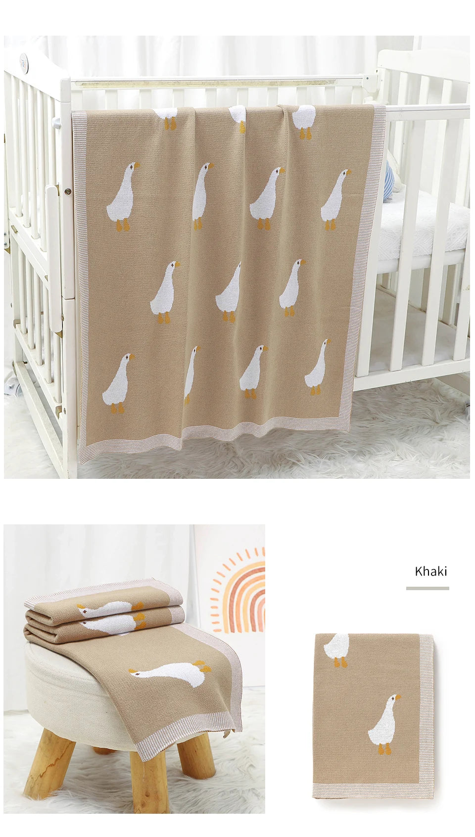 A beige cotton baby swaddle blanket with a white cartoon bird print hanging on a wooden crib railing.