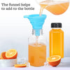 A glass bottle filled with orange juice, demonstrating a funnel being used to pour liquid into the bottle.