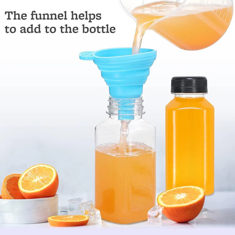 A glass bottle filled with orange juice, demonstrating a funnel being used to pour liquid into the bottle.