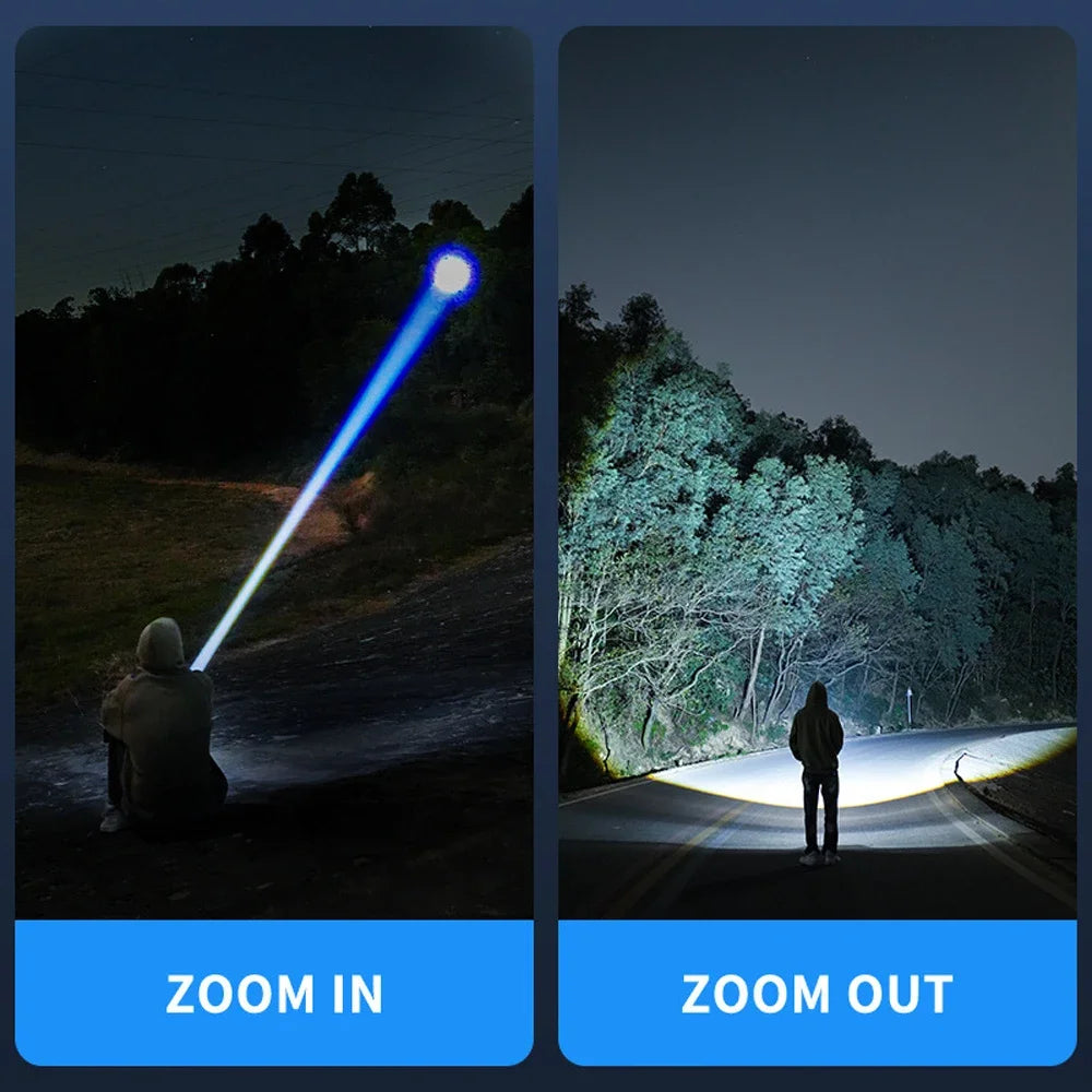 A split image showing a person using a rechargeable LED flashlight with telescopic zoom, with one side zoomed in and the othe