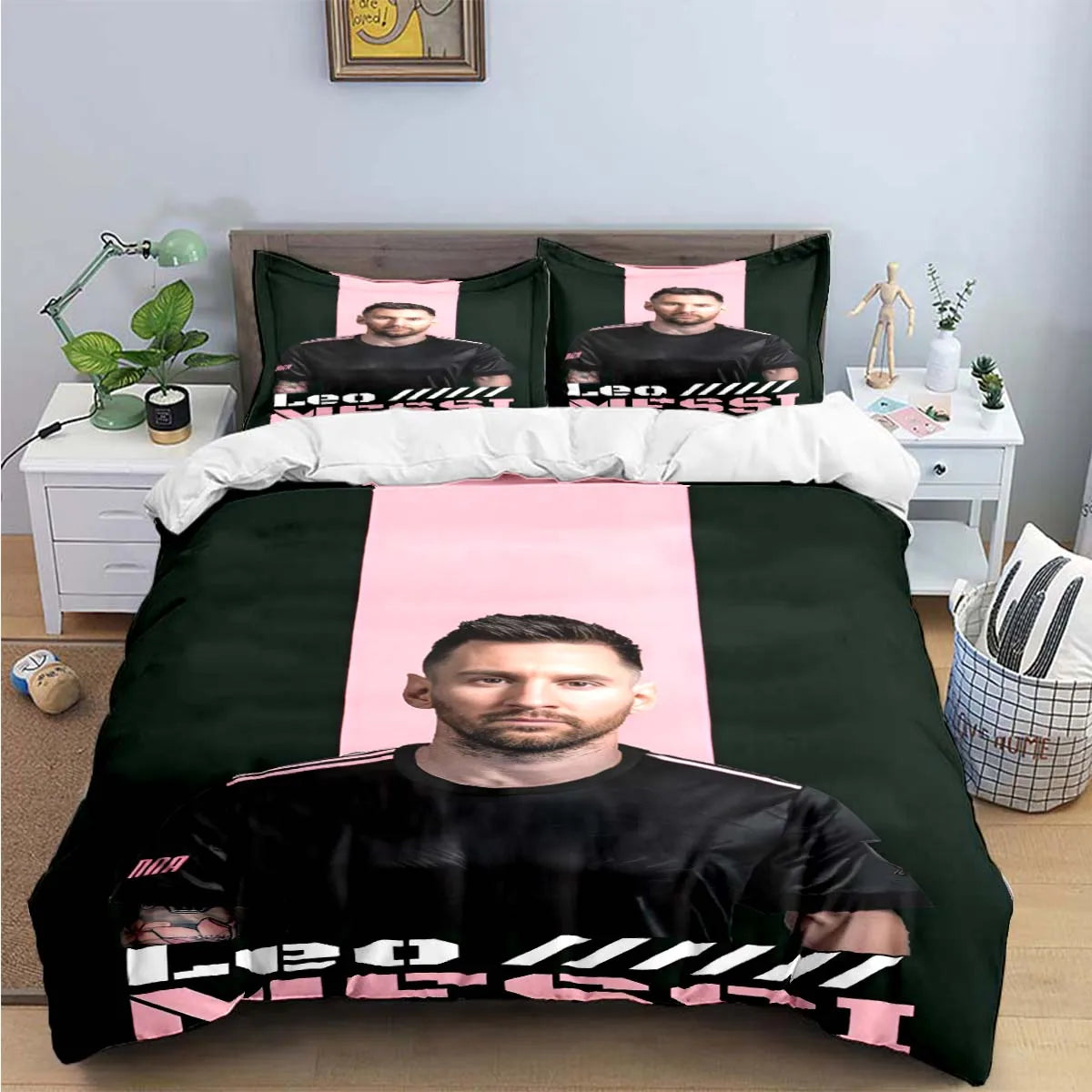 A dark green duvet cover featuring a man's portrait and text on the front.