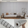 Roll of self-adhesive wood grain wallpaper featuring vertical gray and white stripes.